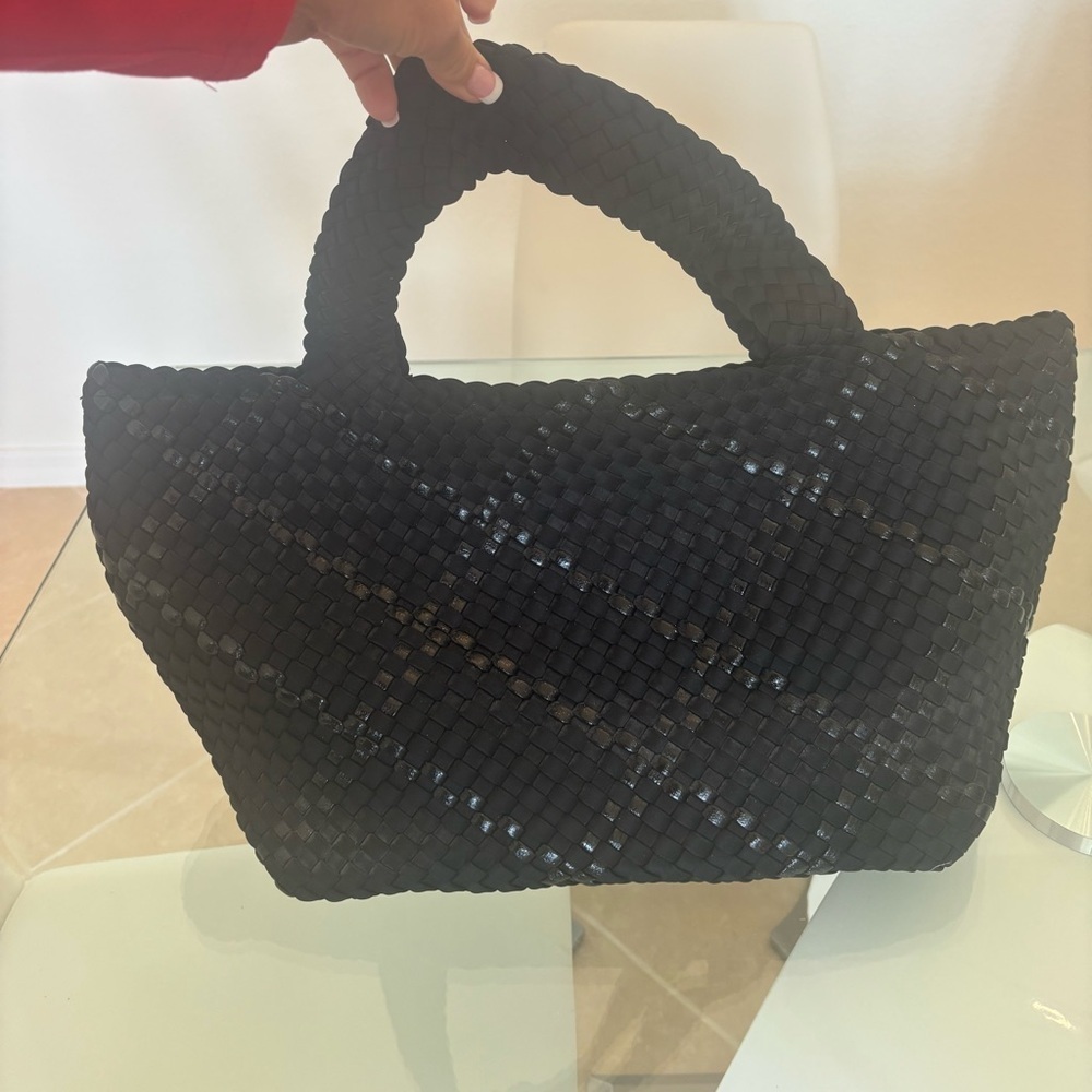 Elegant Black XL Large Woven Tote Bag Matching Makeup Case Durable.